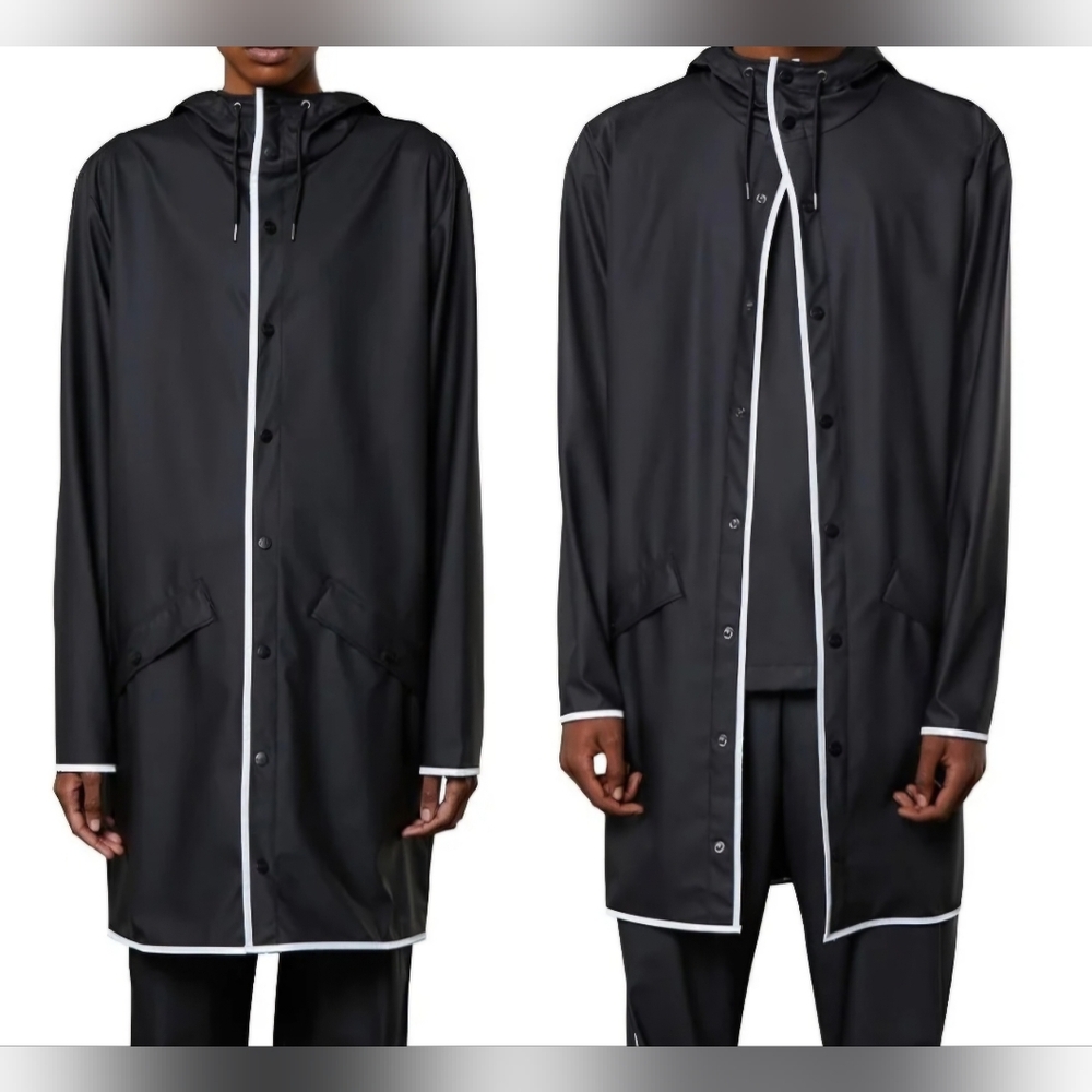 Rains Unisex Long Black Reflective Rain Jacket NWT